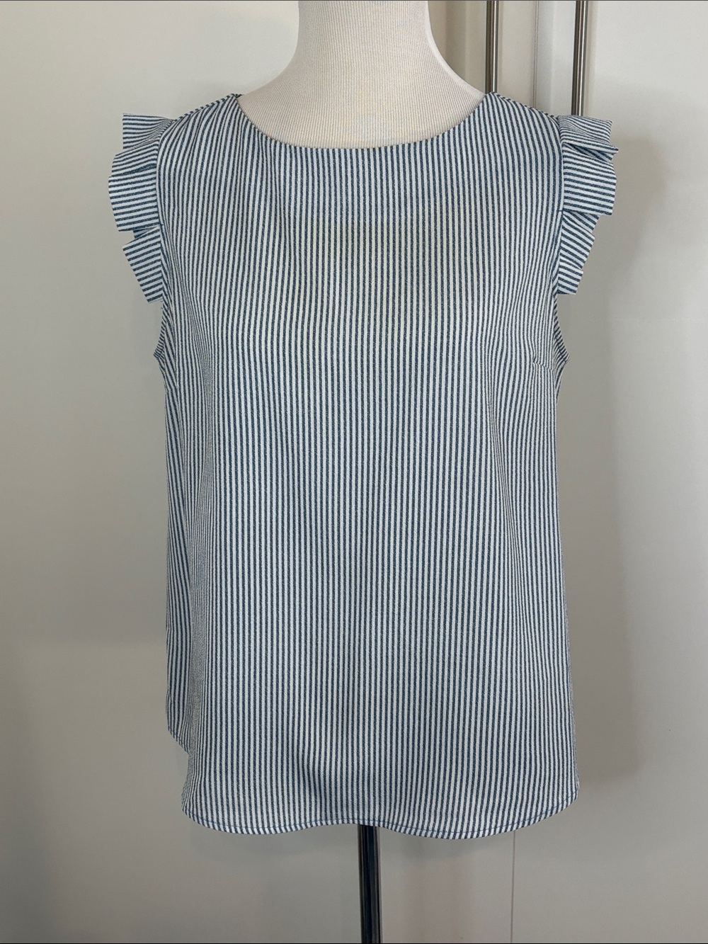 Monteau Blue and White Pinstripe Ruffle Sleeve Camisole